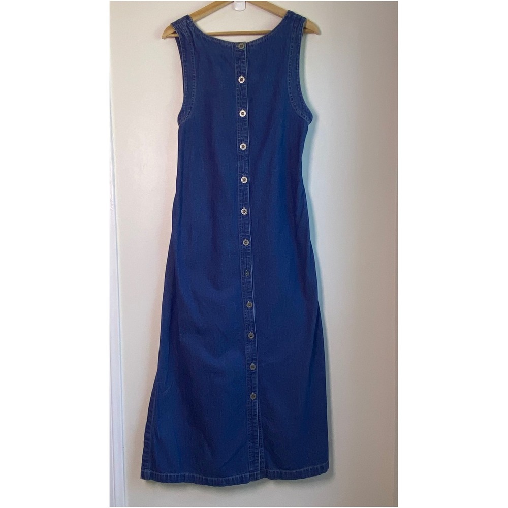 Vintage Studio Denim Maxi Dress Womens M Blue Button Back Sleeveless Cottagecore